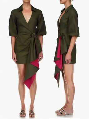 One33 Social Two-Tone Sash Detail Cotton Blend Faux Wrap 3/4” Shirt Mini Dress